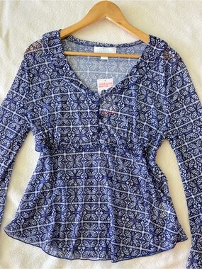 Blue Printed Long-Sleeve Women's Peasant Top